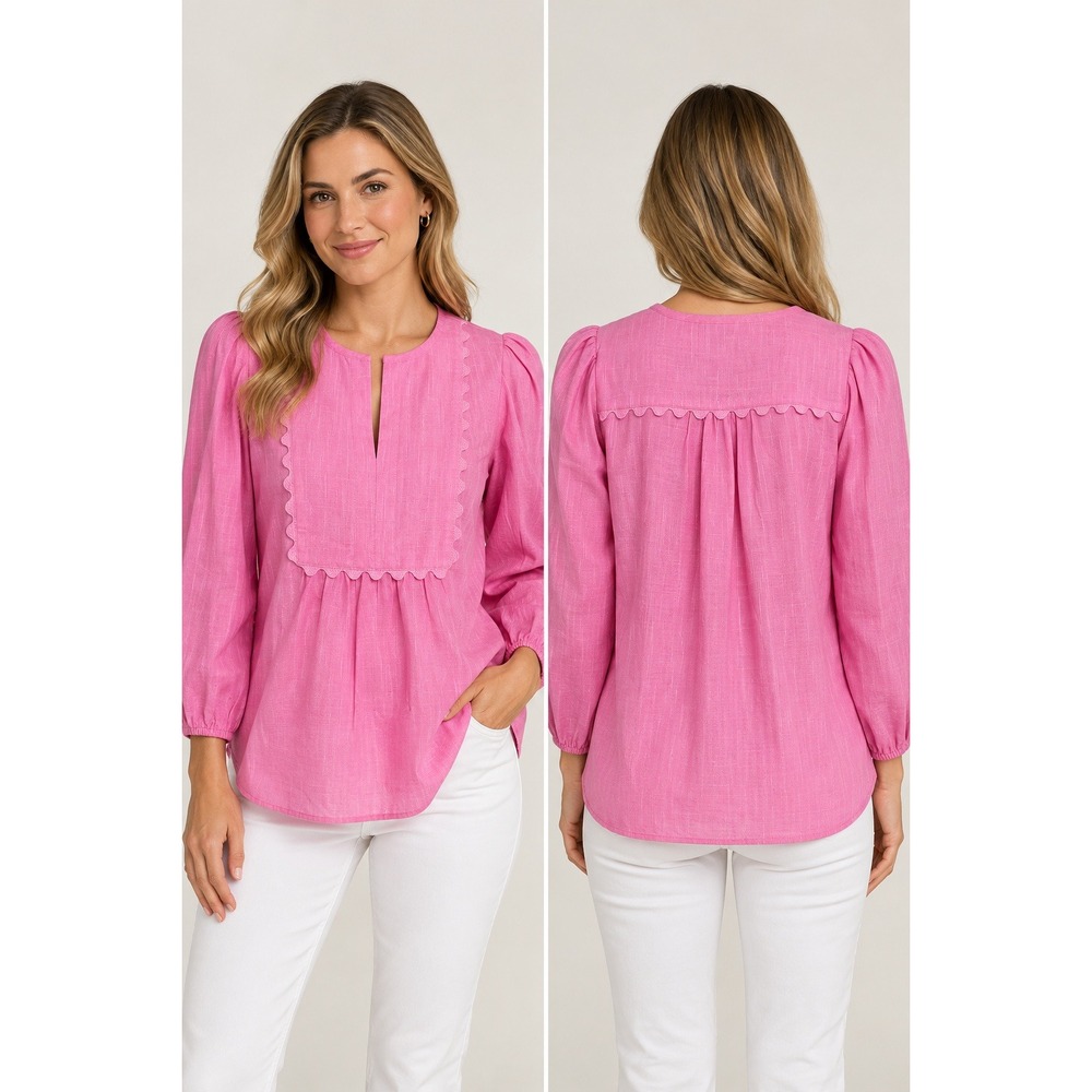 Crown & Ivy Blouse Pink Scalloped Trim Linen Blend Preppy Medium